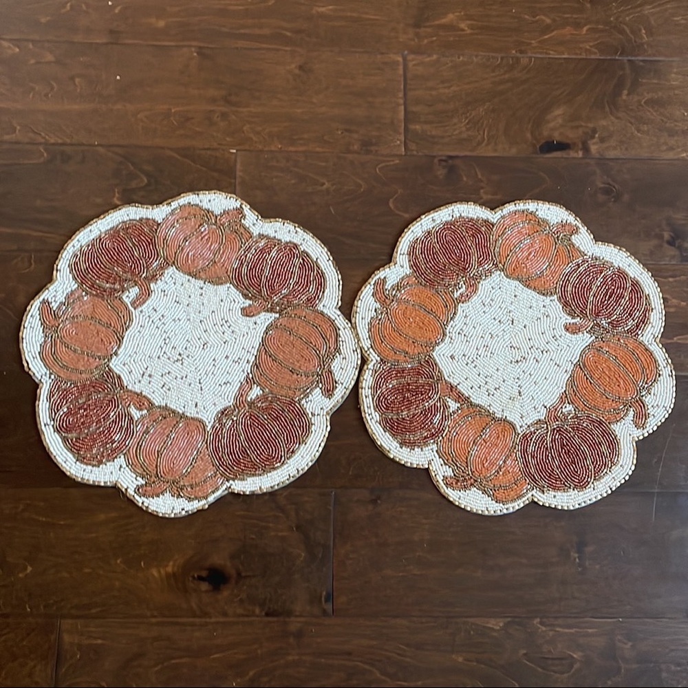 2 Tahari  Fall Pumpkin Beaded Round 15" Charger Placemat New